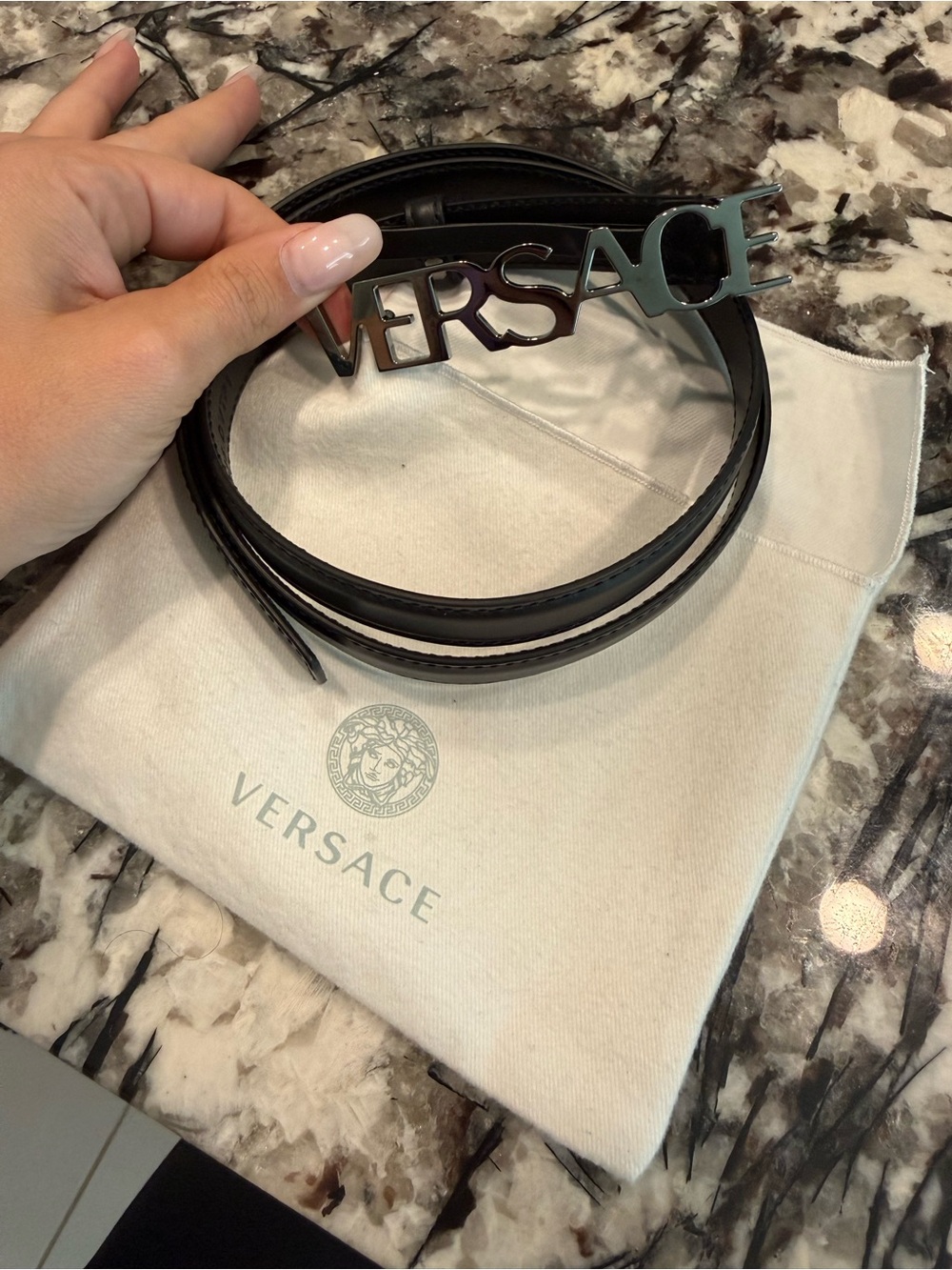 Versace Black Leather Belt with Silver/gunmetal Logo Buckle